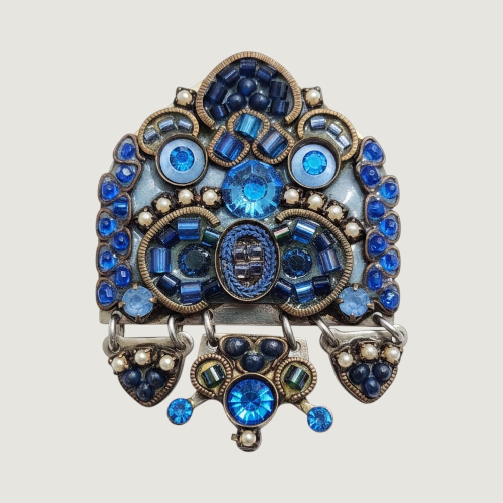 Ayala Bar Signed Blue Mosaic Artisan Brooch Pin Israel Classic Collection Dangle